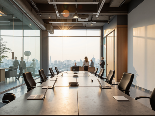现代化办公环境，宽敞明亮的会议室，员工正在讨论项目方案，简洁现代的办公家具，自然采光充足